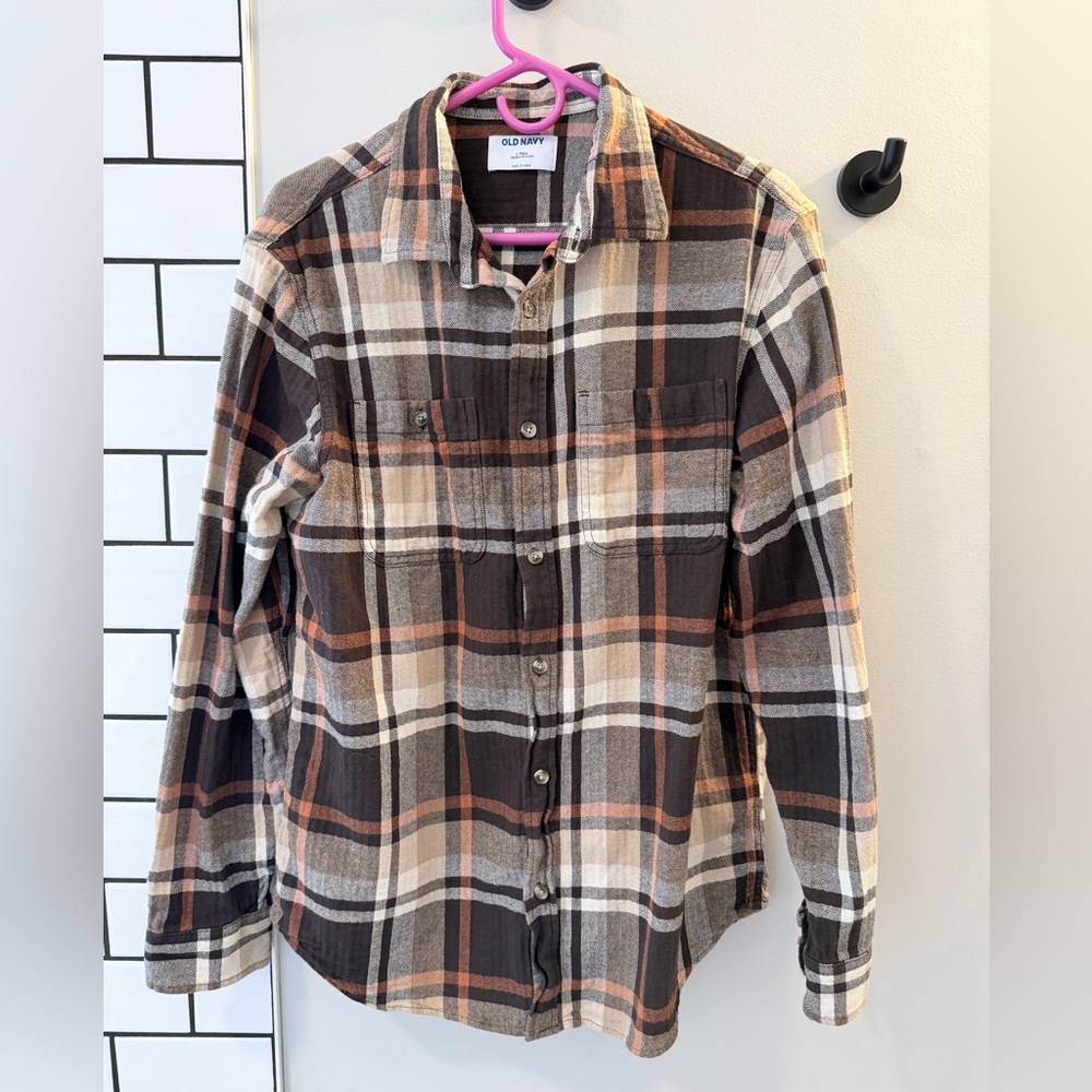 Old Navy Men's Casual Plaid Shirt - Brown and White